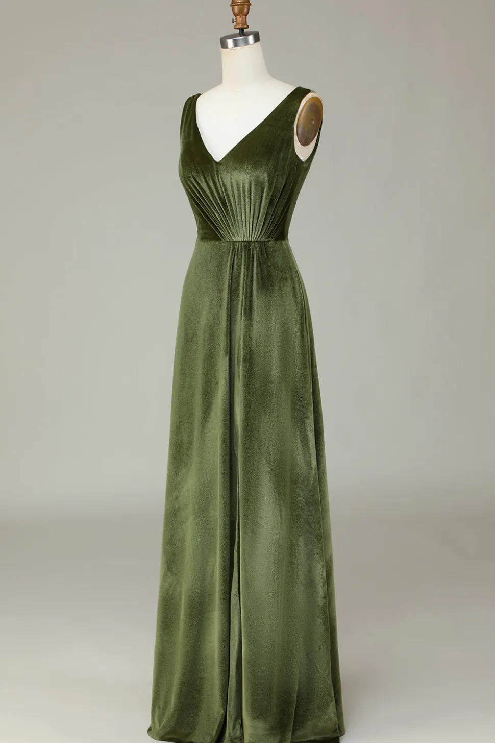 V-Neck Mangas Olive Velvet Vestido Madrinha
