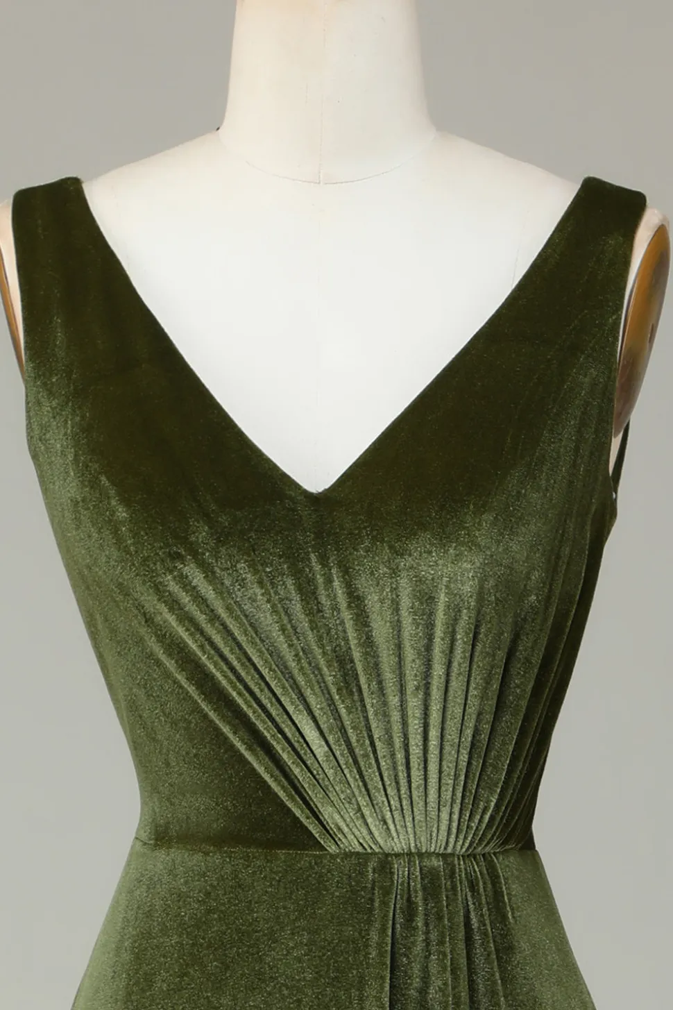 V-Neck Mangas Olive Velvet Vestido Madrinha