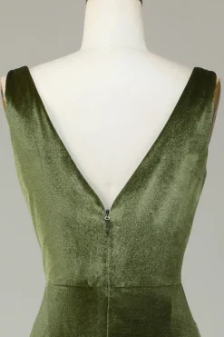 V-Neck Mangas Olive Velvet Vestido Madrinha