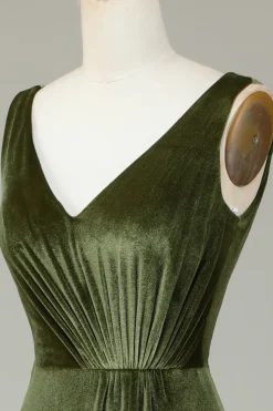V-Neck Mangas Olive Velvet Vestido Madrinha