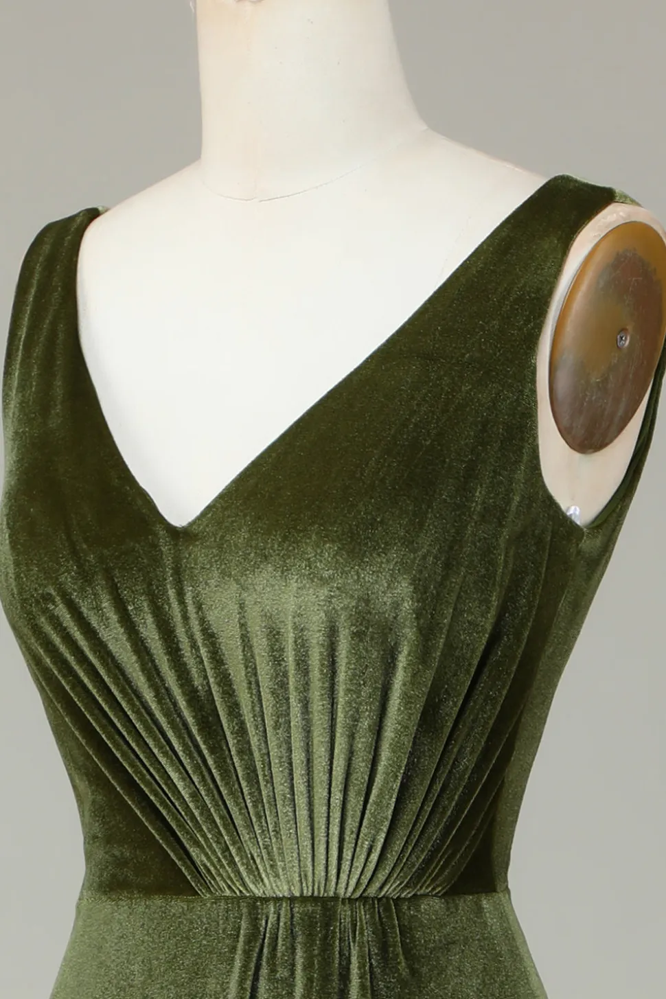 V-Neck Mangas Olive Velvet Vestido Madrinha