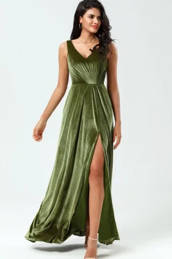 V-Neck Mangas Uma Linha Olive Velvet Vestido Madrinha com Fenda