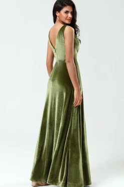 V-Neck Mangas Uma Linha Olive Velvet Vestido Madrinha com Fenda