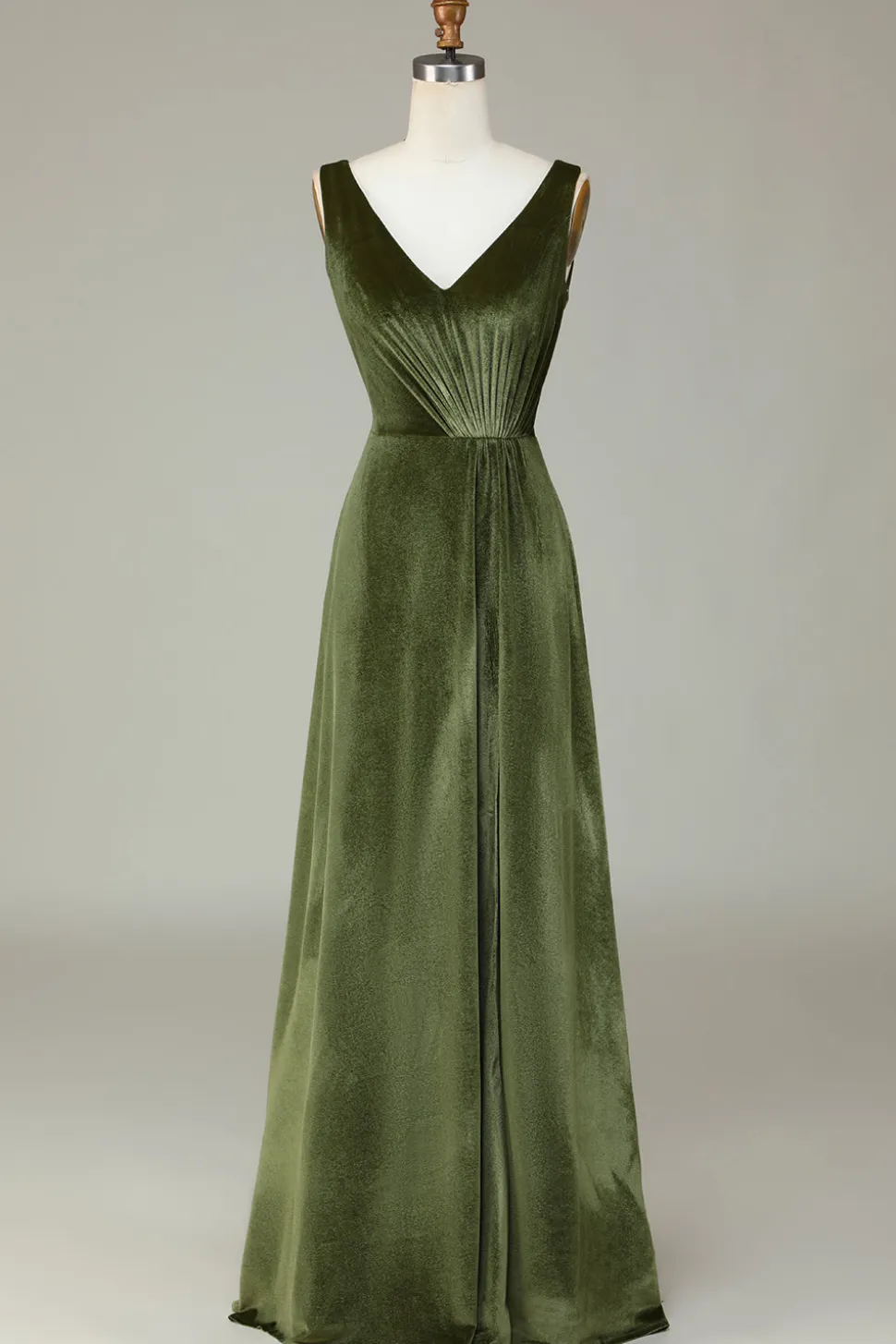 V-Neck Mangas Uma Linha Olive Velvet Vestido Madrinha com Fenda