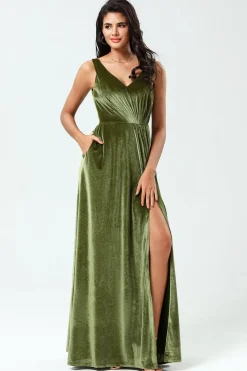 V-Neck Mangas Uma Linha Olive Velvet Vestido Madrinha com Fenda