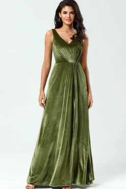 V-Neck Mangas Uma Linha Olive Velvet Vestido Madrinha com Fenda