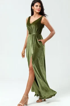 V-Neck Mangas Uma Linha Olive Velvet Vestido Madrinha com Fenda