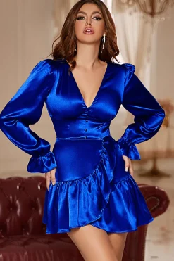 V-Neck Royal Blue Vestido Curto Homecoming Mangas Longas
