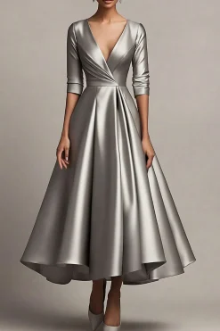 V-Neck Uma Linha Cetim Cinza Mangas Bezerro Comprimento Vestido Mãe