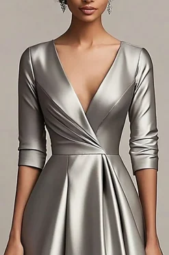 V-Neck Uma Linha Cetim Cinza Mangas Bezerro Comprimento Vestido Mãe