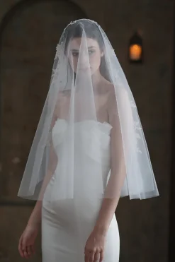 Véu de noiva branco elegante e apliquado