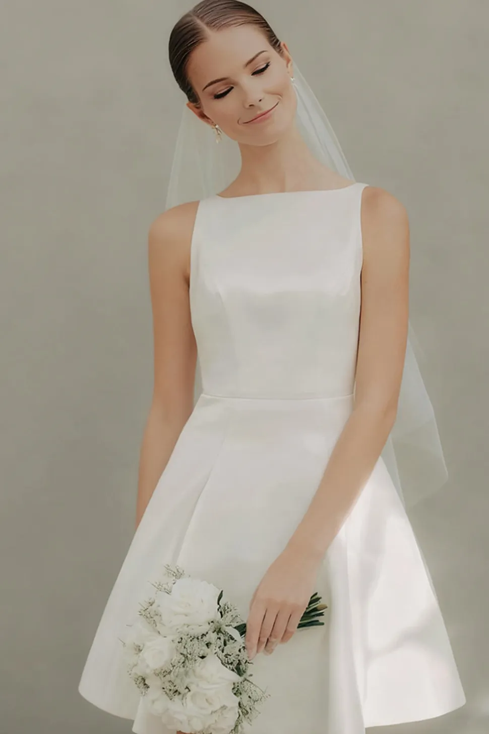 White Boat Neck Uma Linha Curto Courthouse Vestido de Noiva