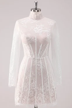 White Lace High Neck Corset Vestido Curto Homecoming com mangas compridas