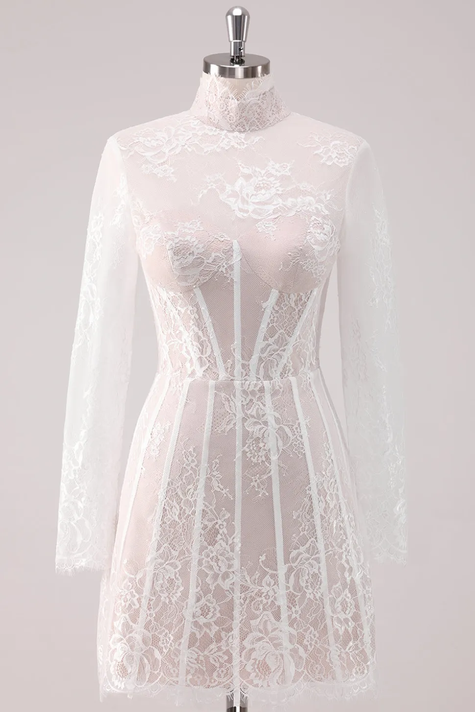 White Lace High Neck Corset Vestido Curto Homecoming com mangas compridas