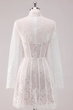 White Lace High Neck Corset Vestido Curto Homecoming com mangas compridas