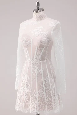 White Lace High Neck Corset Vestido Curto Homecoming com mangas compridas