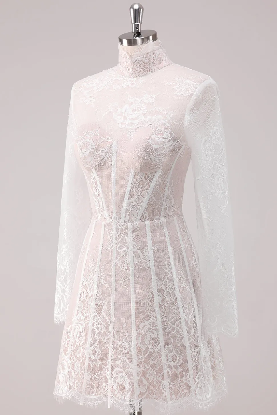 White Lace High Neck Corset Vestido Curto Homecoming com mangas compridas