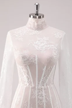 White Lace High Neck Corset Vestido Curto Homecoming com mangas compridas