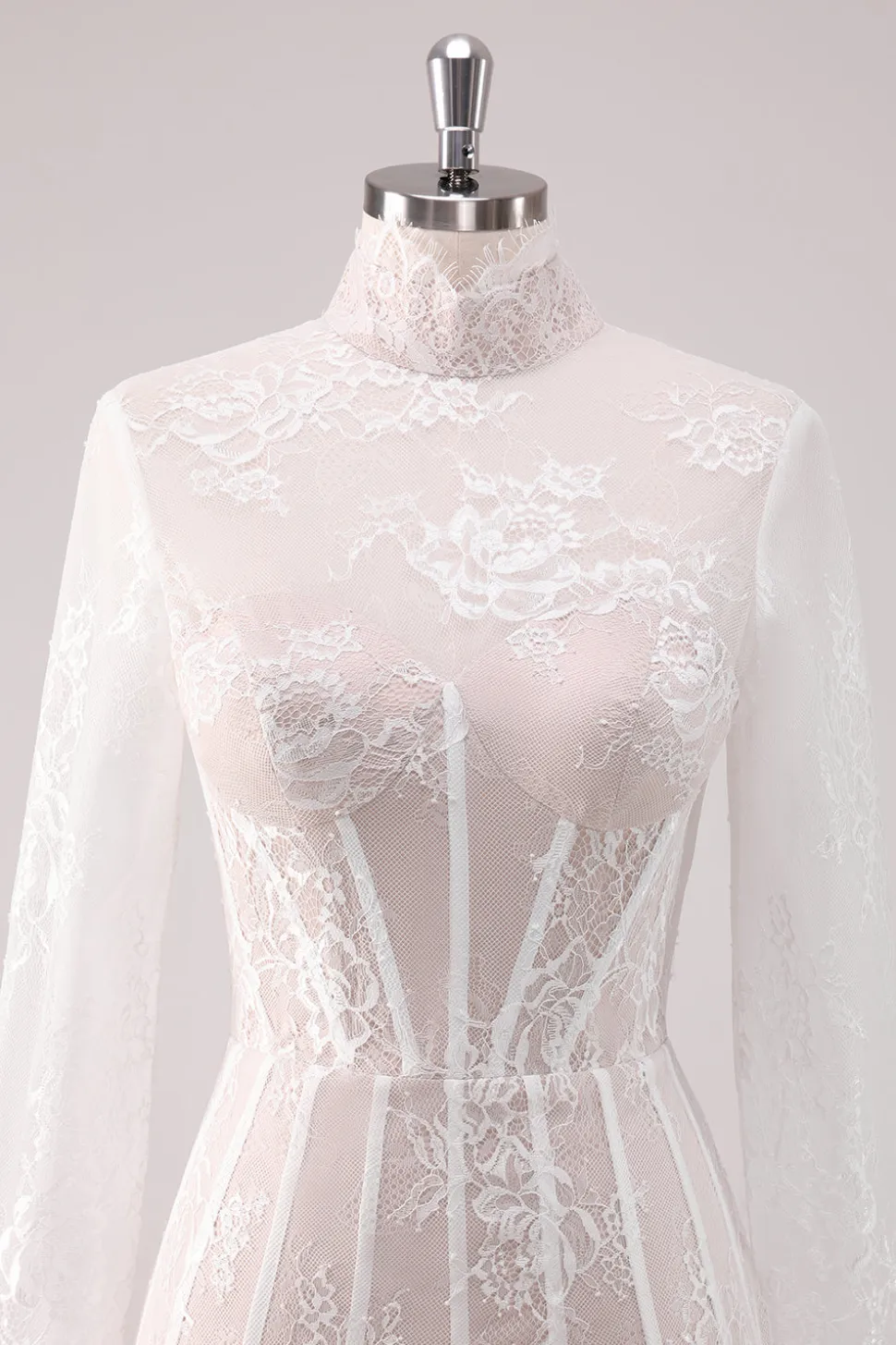 White Lace High Neck Corset Vestido Curto Homecoming com mangas compridas
