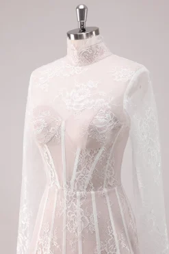 White Lace High Neck Corset Vestido Curto Homecoming com mangas compridas