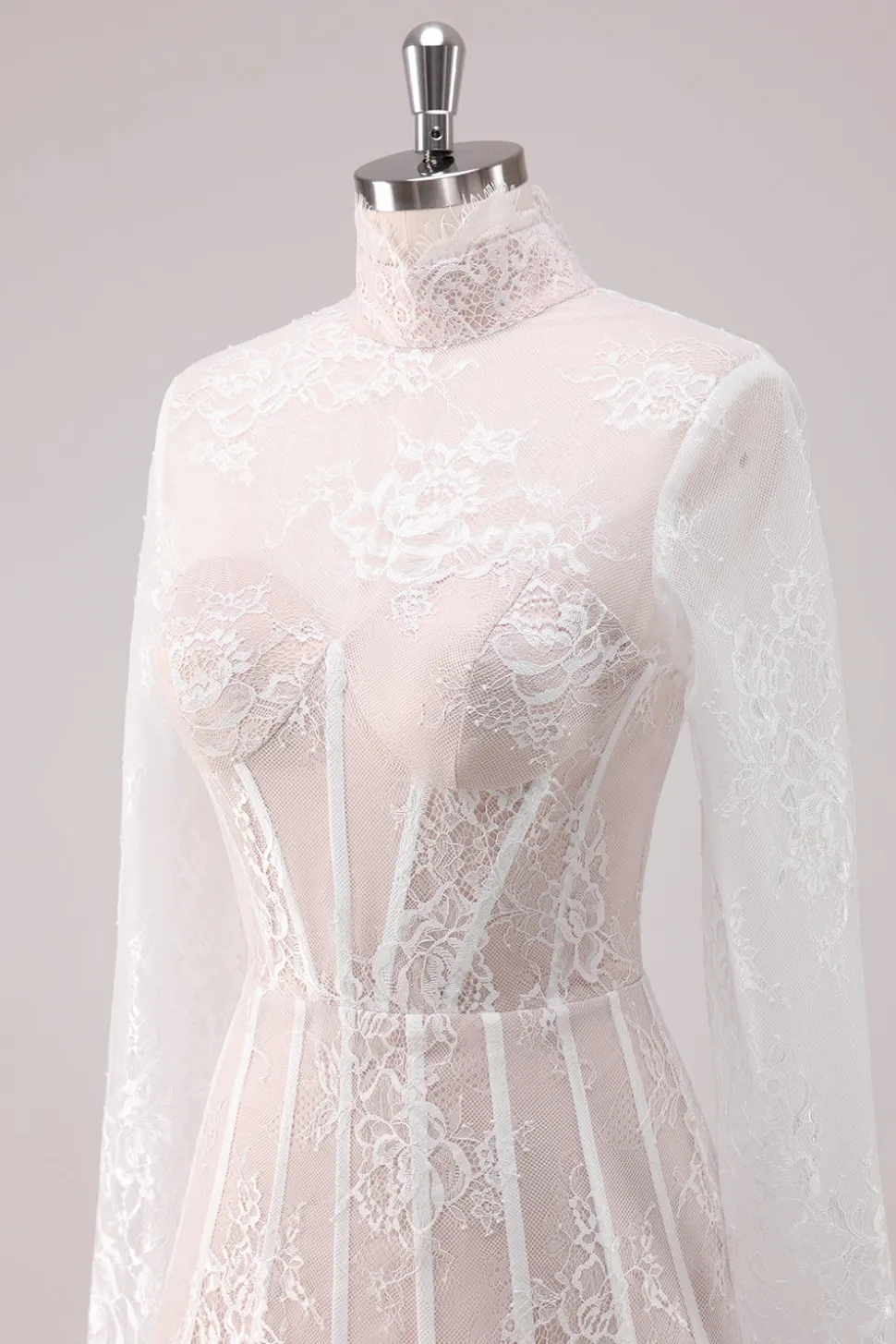 White Lace High Neck Corset Vestido Curto Homecoming com mangas compridas