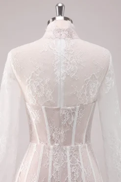 White Lace High Neck Corset Vestido Curto Homecoming com mangas compridas