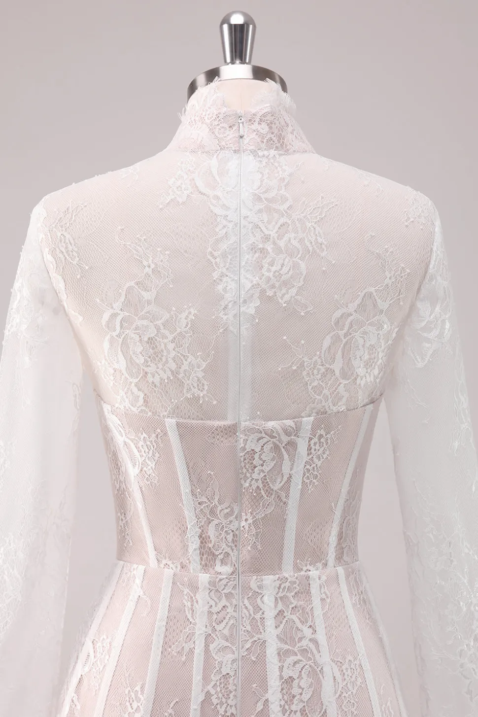 White Lace High Neck Corset Vestido Curto Homecoming com mangas compridas
