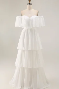 White Off the Shoulder Ruffle Chiffon Um Vestido de Noiva Linha