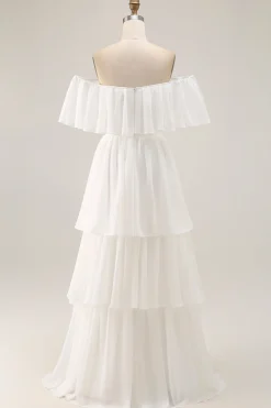 White Off the Shoulder Ruffle Chiffon Um Vestido de Noiva Linha