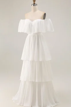 White Off the Shoulder Ruffle Chiffon Um Vestido de Noiva Linha