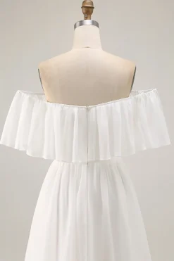 White Off the Shoulder Ruffle Chiffon Um Vestido de Noiva Linha