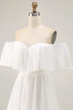 White Off the Shoulder Ruffle Chiffon Um Vestido de Noiva Linha