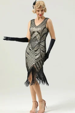 Women Gold 1920s Fringe Sequin Dress