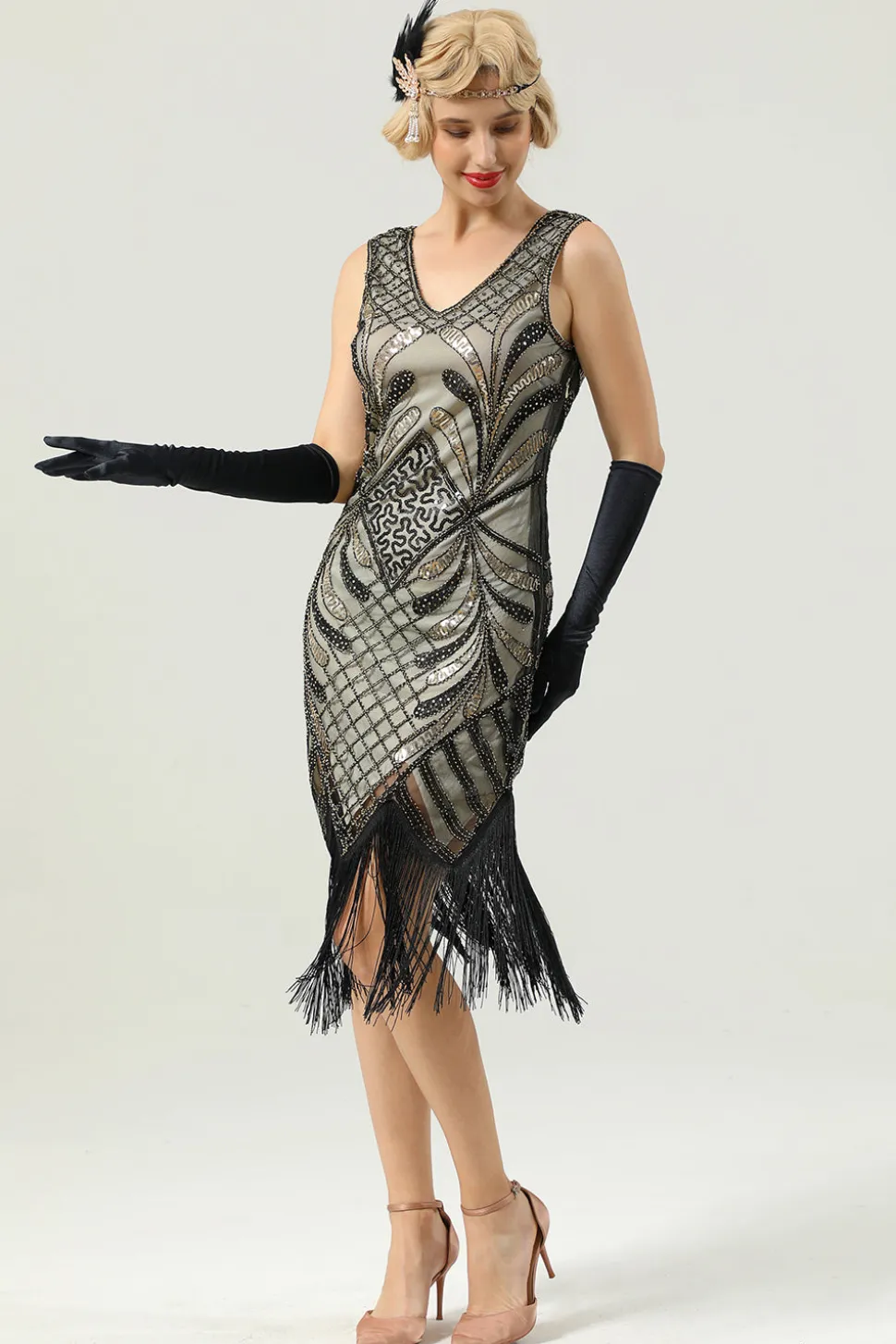 Women Gold 1920s Fringe Sequin Dress