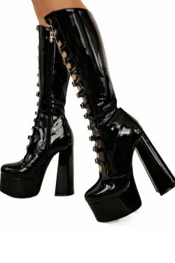Women's Black Front Hollow Buckle Chunky Heel Knee High Botas