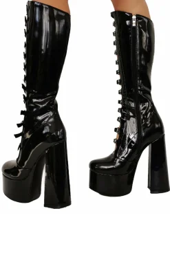 Women's Black Front Hollow Buckle Chunky Heel Knee High Botas