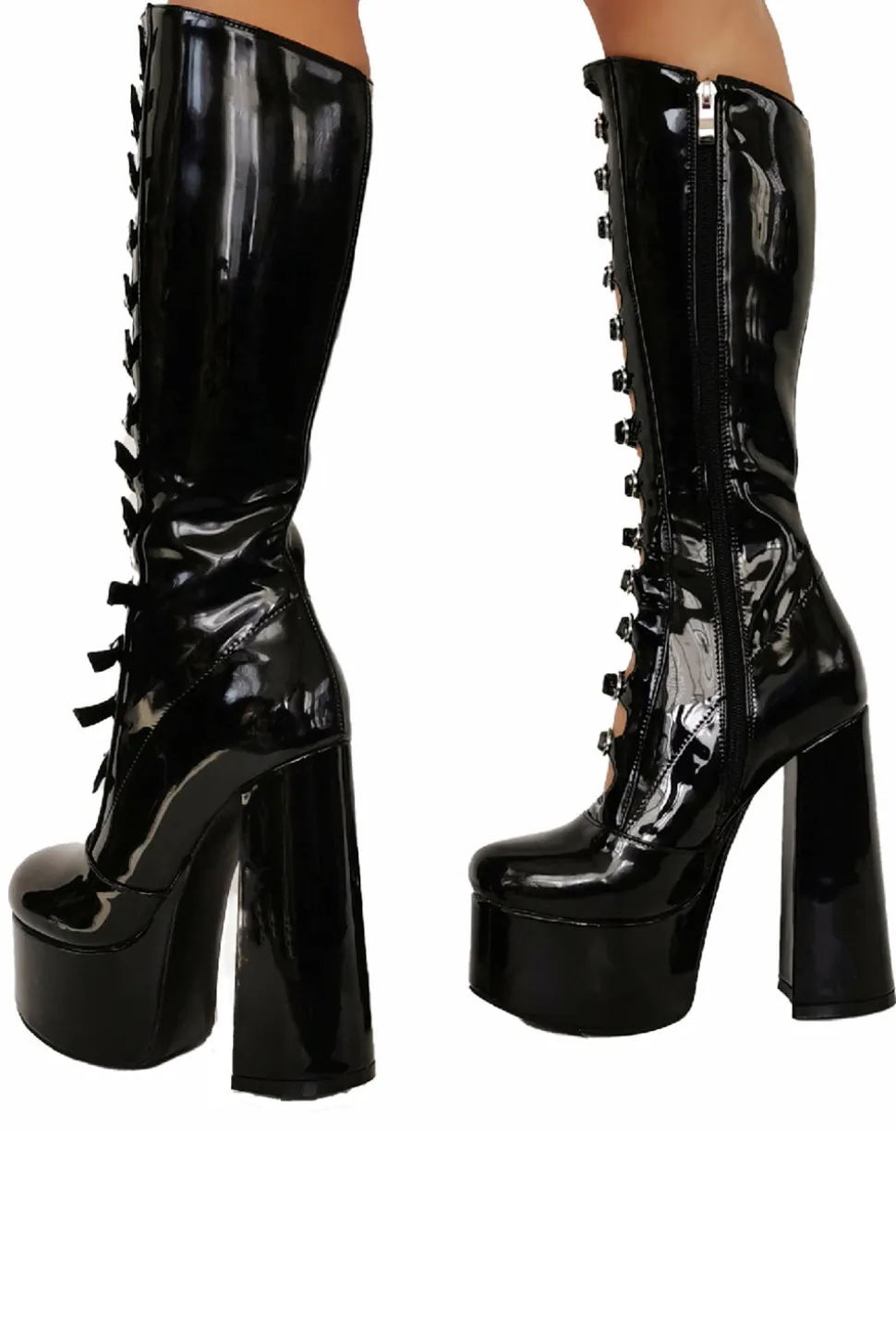 Women's Black Front Hollow Buckle Chunky Heel Knee High Botas