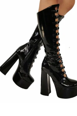 Women's Black Front Hollow Buckle Chunky Heel Knee High Botas