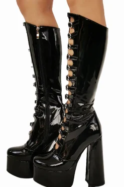 Women's Black Front Hollow Buckle Chunky Heel Knee High Botas