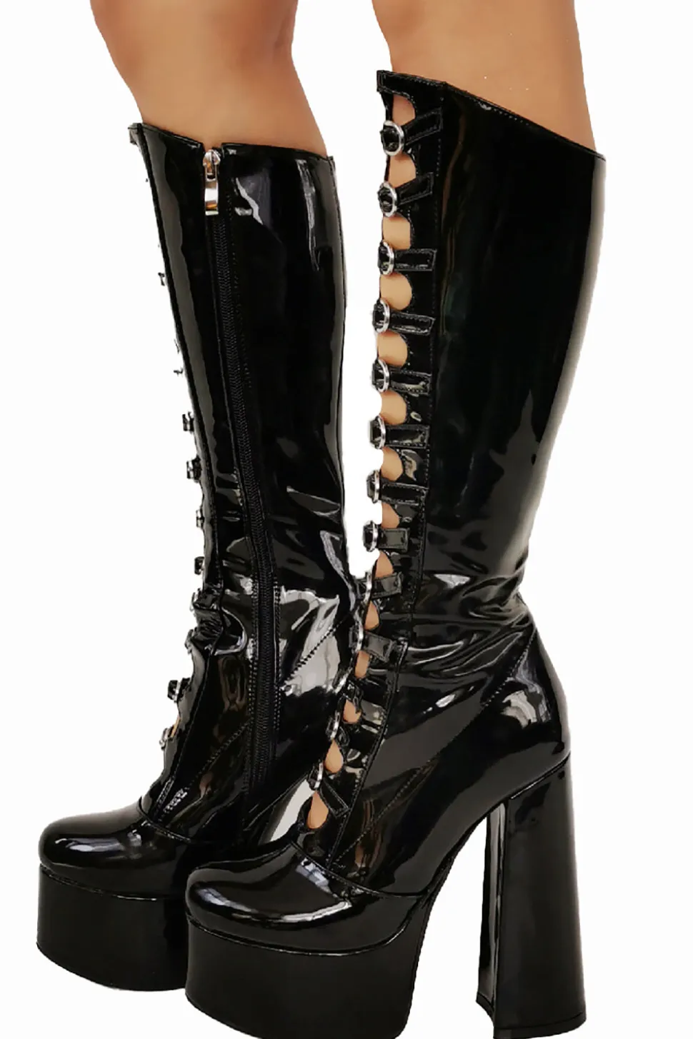 Women's Black Front Hollow Buckle Chunky Heel Knee High Botas