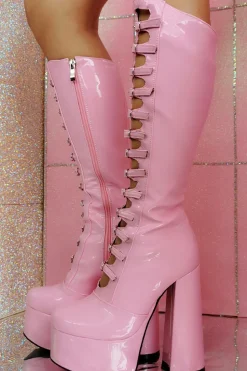 Women's Black Front Hollow Buckle Chunky Heel Knee High Botas
