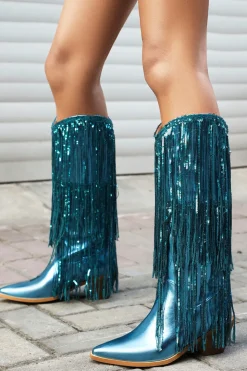 Women's Blue Fringe Metallic Pointed Toe Chunky Heel Mid Calf Botas