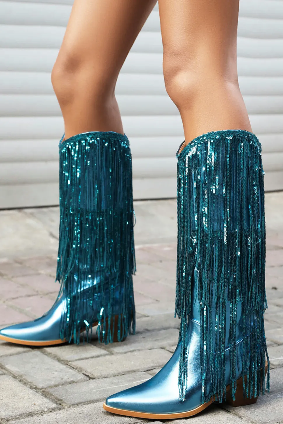Women's Blue Fringe Metallic Pointed Toe Chunky Heel Mid Calf Botas