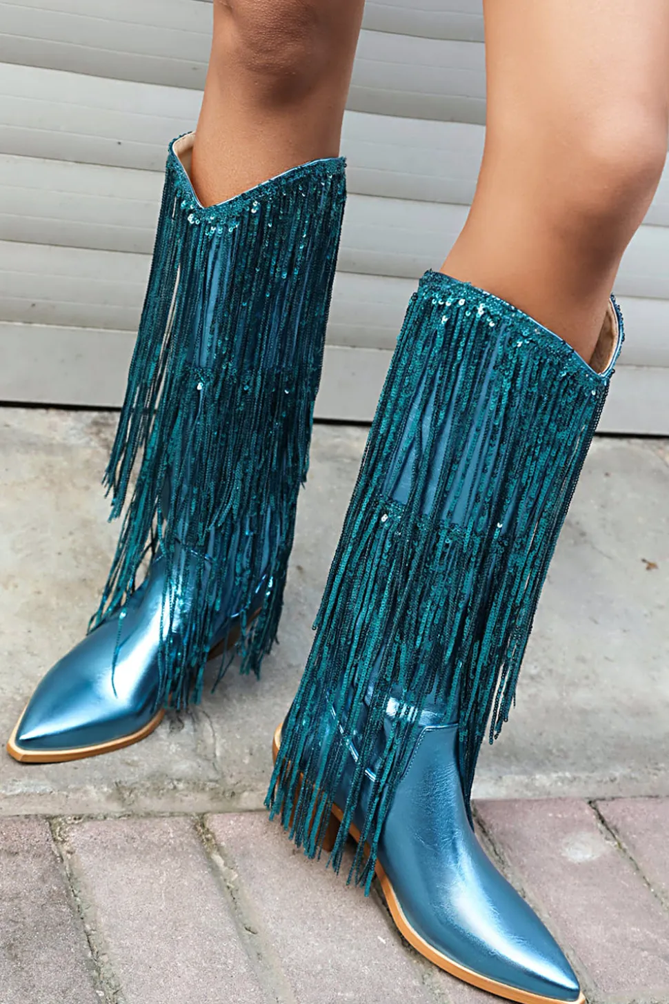 Women's Blue Fringe Metallic Pointed Toe Chunky Heel Mid Calf Botas