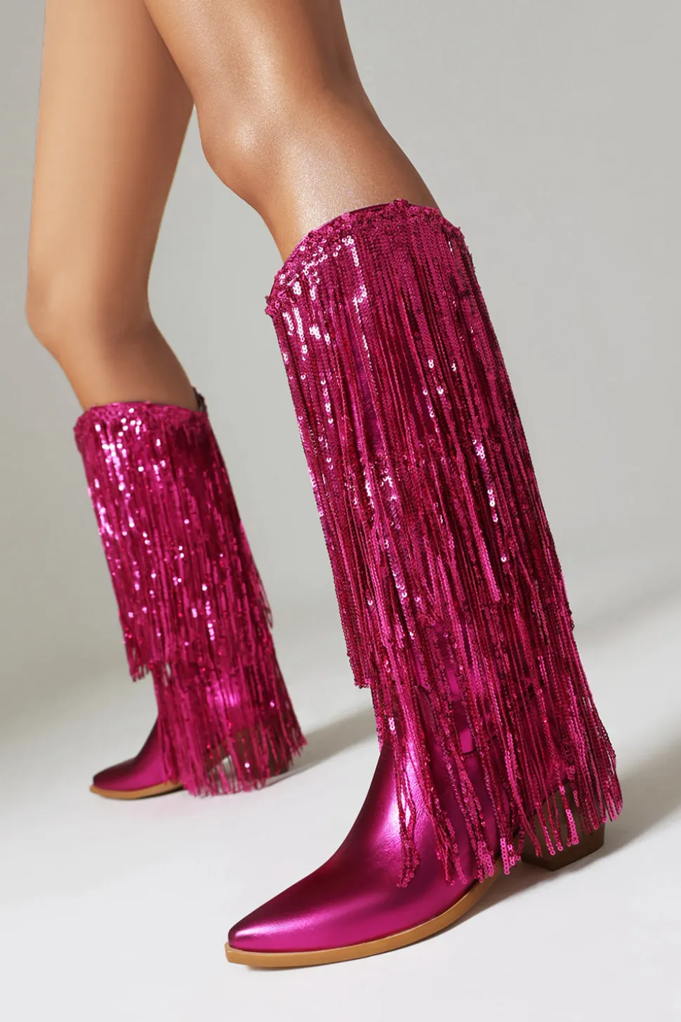 Women's Blue Fringe Metallic Pointed Toe Chunky Heel Mid Calf Botas