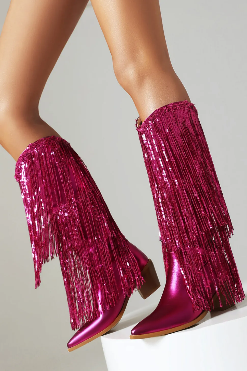 Women's Blue Fringe Metallic Pointed Toe Chunky Heel Mid Calf Botas