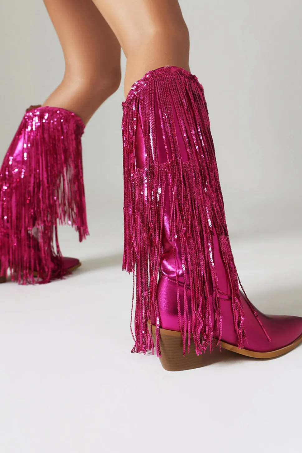 Women's Blue Fringe Metallic Pointed Toe Chunky Heel Mid Calf Botas