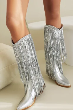 Women's Blue Fringe Metallic Pointed Toe Chunky Heel Mid Calf Botas