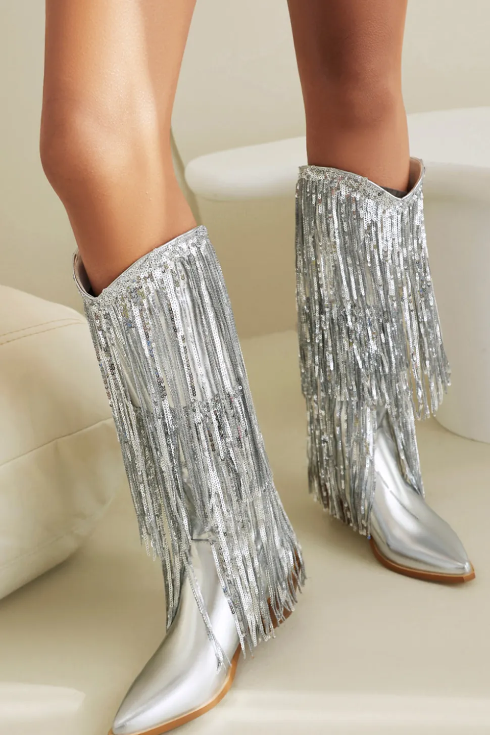 Women's Blue Fringe Metallic Pointed Toe Chunky Heel Mid Calf Botas
