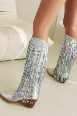 Women's Blue Fringe Metallic Pointed Toe Chunky Heel Mid Calf Botas